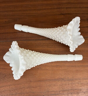 Fenton Hobnail Ruffle White Milk Glass Epergne Horn Trumpets Lilies Set of 2